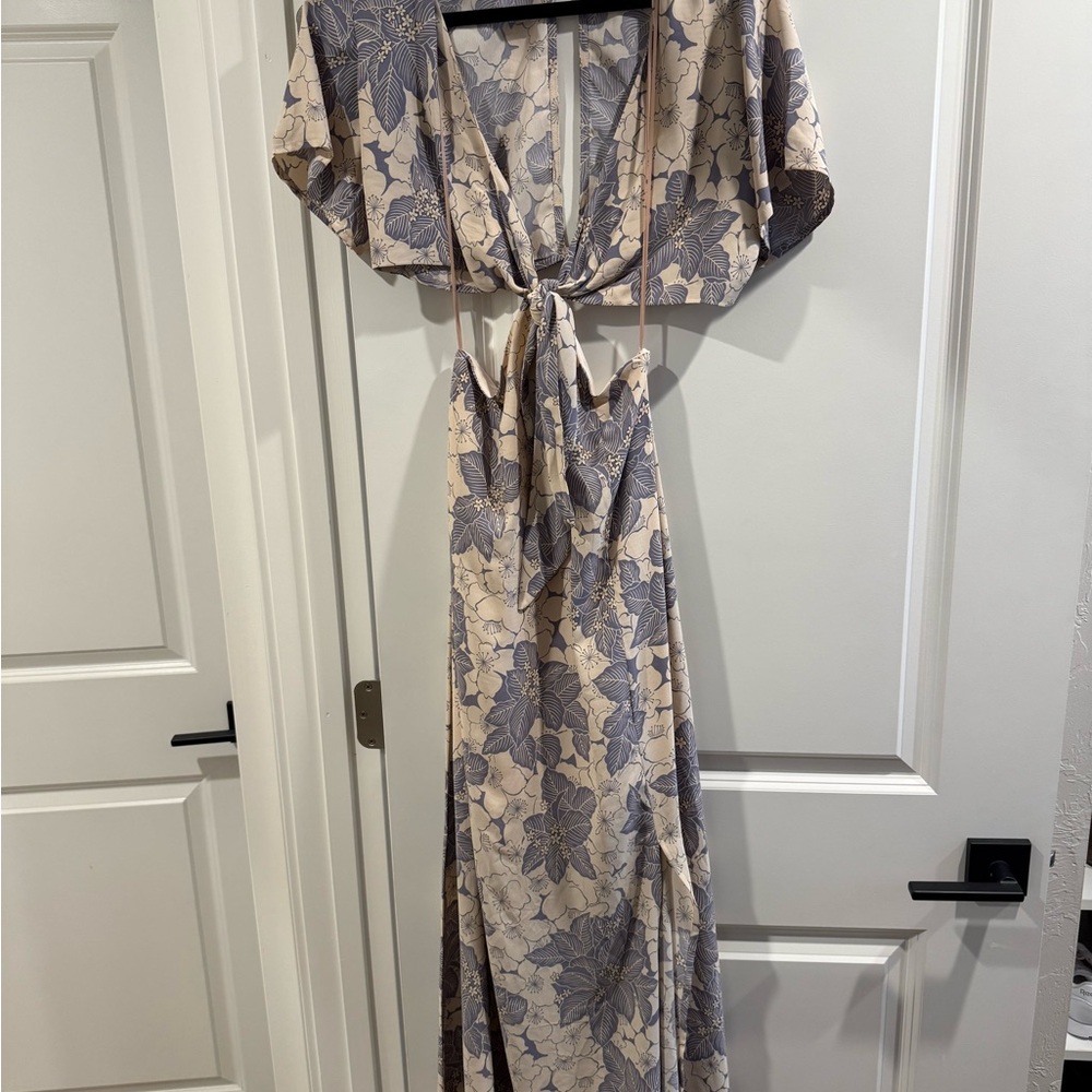 Floral Tie-Front Maxi Dress in Cream and Slate